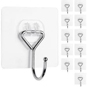 Meknow Large Adhesive Hooks Utility Hooks 12 Pack Waterproof and Rustproof Wall Hooks for Hanging Heavy Duty, Stainless Steel Robe & Towel Hanger 22Ib(Max) for Kitchen, Bathroom, Home and Office