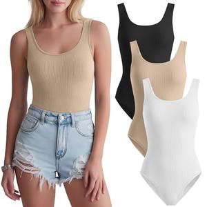 JoyMotion 3 Pack Women's Tank Tops Bodysuits Ribbed Cotton Sleeveless Slim Fit Scoop Neck Shirts Thong Yoga Summer Going out(White, Apricot, Black,X-Large)