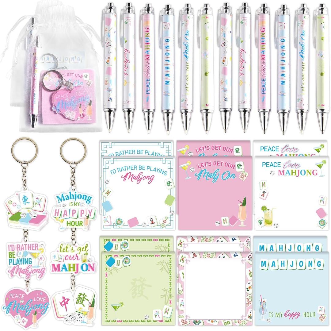 Mahjong Sticky Notes Pads with Ballpoint Pens Keychains Bags Party Favors Gift Set Mahjong Themed Colorful Gifts for Men Women Mah Jong Lovers Office Home Birthday Party Decorations Supplies, 48Pcs