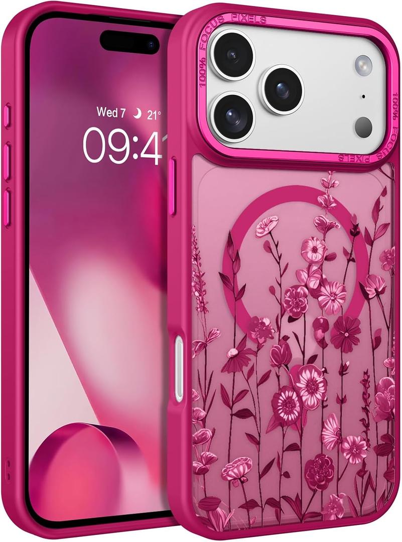 DOMAVER for iPhone 17 Pro Max Case, Magnetic Phone Case for iPhone 17 Pro Max [Compatible with MagSafe] Slim Fit Flowers Floral Design Shockproof Protective Bumper Women Men Girls Cover - Plum