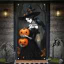 3 x Skeleton Witch Holding Pumpkins Door Cover Halloween Decorations 35x71 Inch Gothic Haunted House Banner for Scary Party Indoor Wall Backdrop