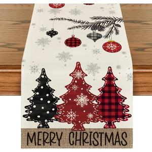 Artoid Mode Red Pine Trees Merry Christmas Table Runner, Winter Xmas Holiday Kitchen Dining Table Decoration for Home Party Decor 13x108 Inch