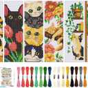 BEUNITONE 6 PCS Cute Cat Pre-Printed Cross Stitch Bookmarks, Cross Stitch Kits for Adults Beginners, DIY Stamped Hand Embroidery Kits, Exquisite Bookmark Kit for Women and Book Lovers 8.5''x3''