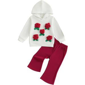 Toddler Girl Fall Outfits Flower Long Sleeve Sweatshirt Hoodies+Elastic Waist Flare Long Pants 2Pcs Clothes Set (White, 4Y)