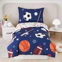 URBONUR 4Piece Toddler Bedding Set Ultra Soft Sports Series Baseball Football Basketball Boys Toddler Comforter Set Navy Includes Comforter, Flat Sheet, Fitted Sheet and Reversible Pillowcase, 52'' x 28''