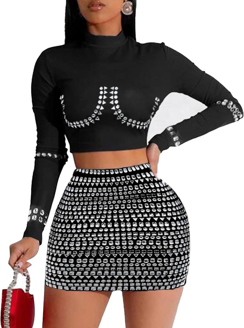 chicyes Womens 2 Piece Outfits Sexy Long Sleeve Top Rhinestone Sparkly Vacation Concert Fall Outfits Spring Mini Skirt Set (Medium, Black)