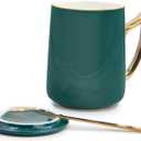 TOSSOW Matte Ceramic Coffee Mug with Spoon and Lid,Top Gold Trim and Gold Handle CupDishwasher Safe,15 0Z(450ml),(Blackish Green)
