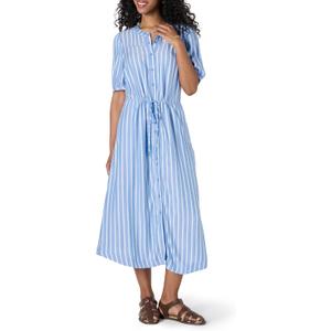 Amazon Essentials Women's Fit and Flare Half-Sleeve Waisted Midi A-Line Dress with Pockets (Blue White French Stripe), Large