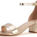 PARTY Women's Open Toe Ankle Strap Low Block Chunky Heels Sandals (6.5, Light Gold)