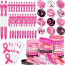 durony 96 Pieces Breast Cancer Awareness Gifts Set Include 24 Breast Cancer Awareness Bracelets 24 Pink Ribbon Pen 24 Breast Cancer Awareness Pins 24 Pink Ribbon Stickers for Women Charity Supplies