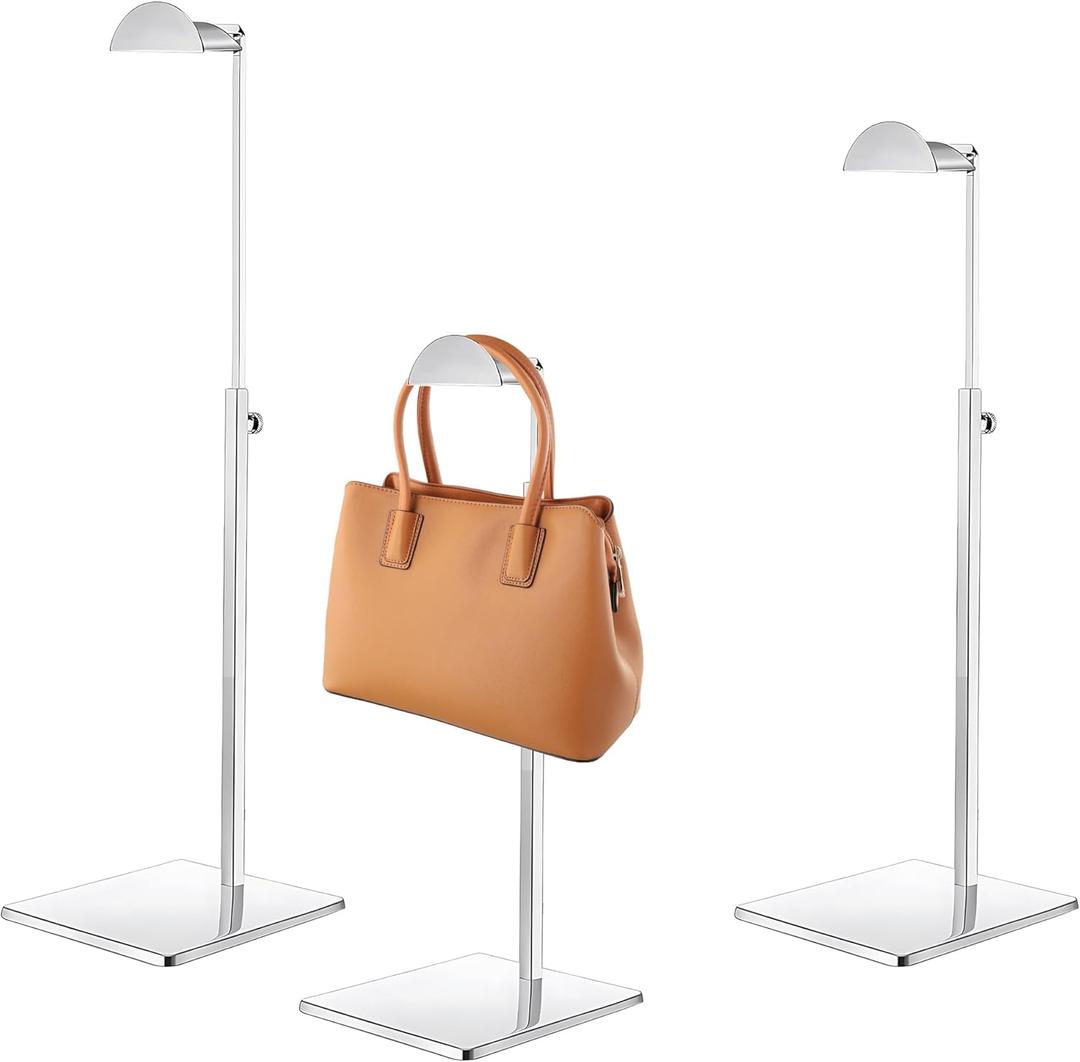 3 Pack Purse Display Stand, Silver Adjustable Height Handbag Holder Stand with Sturdy Anti-slip Base, Metal Table Bag Rack for Closet, Boutique, Retail Vendor Commercial Store