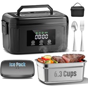 Heated Lunch Box, 6.3-Cup Cordless Electric Lunch Box for Adults, Battery Powered Food Warmer with Scheduled Heating Timer and Removable Ice Pack, Portable for Work, Office, and Outdoor (Black)
