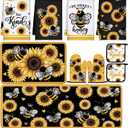 Fourluoo 10 Pcs Sunflower Kitchen Accessory Bee Oven Mitts and Pot Holder Set Retro Black Dish Towel Summer Rugs Mats Farmhouse Kitchen Accessories for Chef Baking Cooking Grilling BBQ Women Home Gift