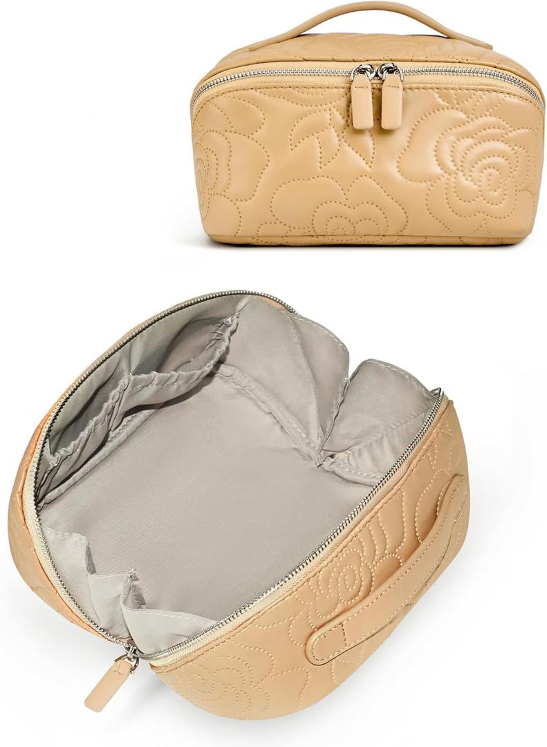 Popvibe Open Flat Makeup Bag Travel Cosmetic Case for Women, Large Capacity Toiletry Travel Bag with Zipper, Portable Aesthetic Floral Make Up Organizer Pouch for Toiletries, Makeup Brush Camel Medium (Biscuit)