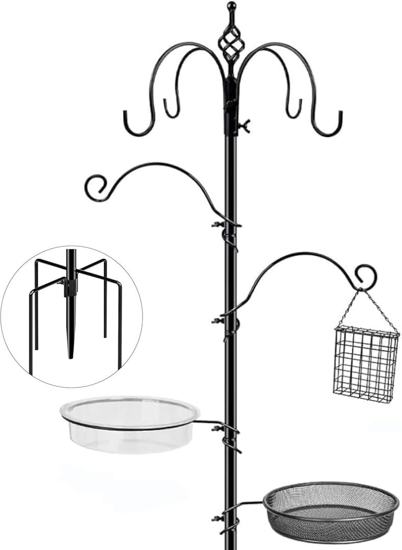 Bird Feeding Station, 90.55in 6-Hook Wild Bird Feeder Stand Pole with Water & Mesh Tray Humming Bird Feeders for Outdoors Easy Assembly for Courtyards Gardens (Black)
