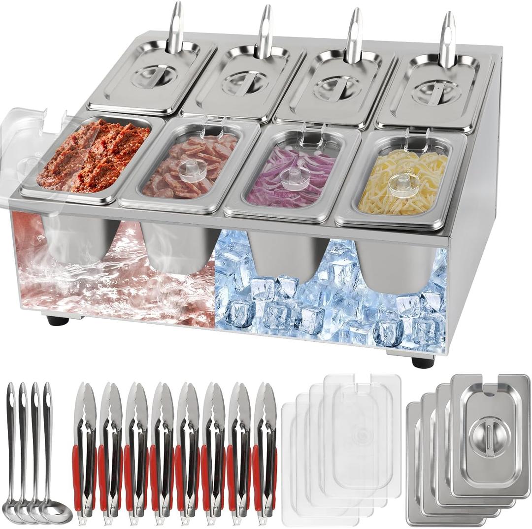 Kalolary 8 Pans Pizza Topping Storage Station, Stainless Steel Condiment Containers with Lids Spoons Ice Food Serving Display Container Salad Bar Buffet Station for Home Sauce Jam Kitchen Restaurant