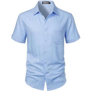 ZEROYAA Men's Linen Shirts Short Sleeve Summer Casual Button Down Beach Shirt with Pocket (Blue, M)
