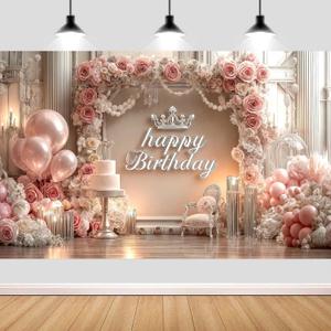Pink Happy Birthday Backdrop, Elegant Princess Theme Party Decoration with Rose Gold Balloons & Crown, Photography Background Banner for Girls Women Birthday Party Photo Booth Props, 12ft x 10ft