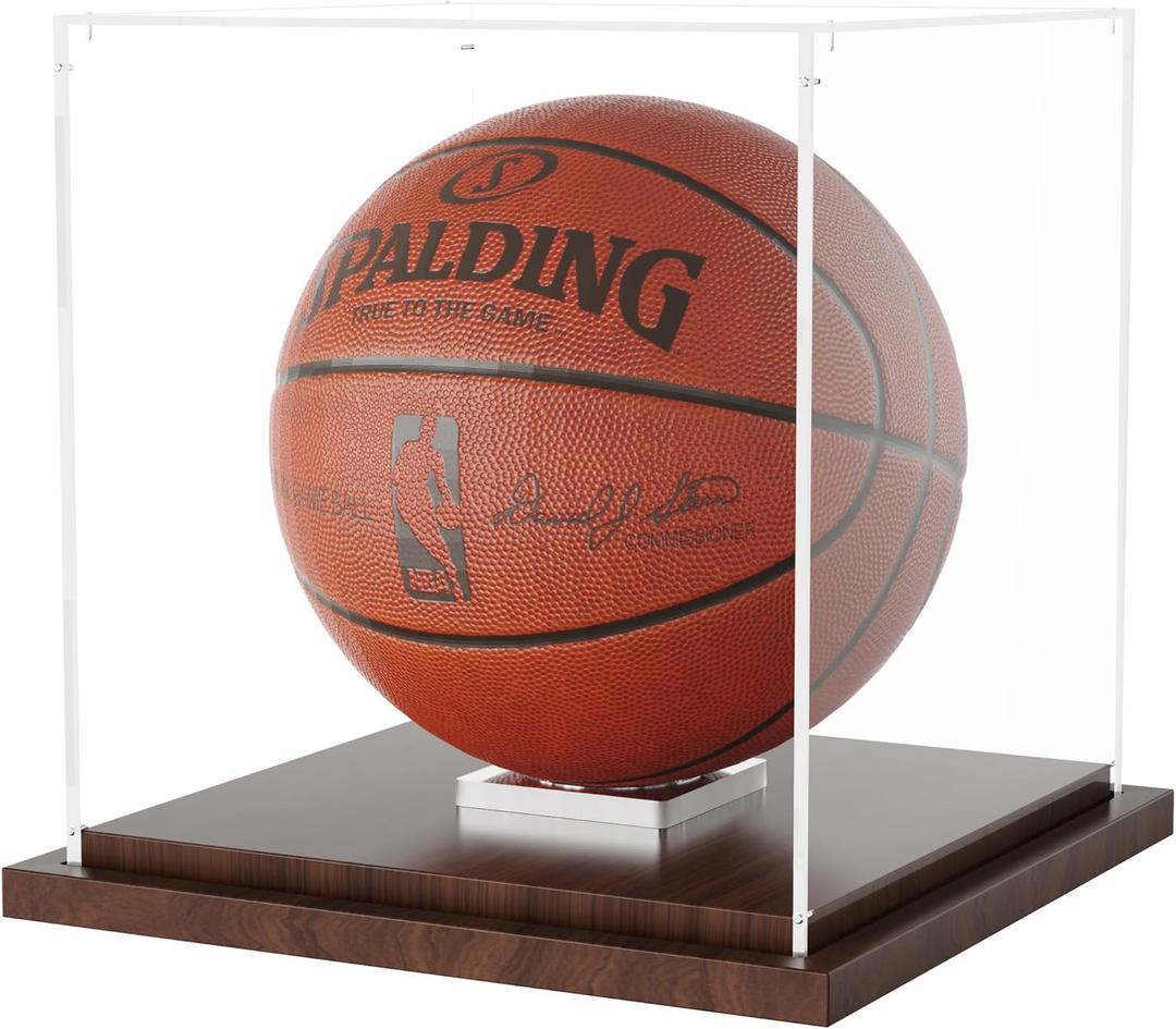 VGMiu Basketball Display Case with Wood Base, Clear Acrylic Basketball Case Display Box with Removable Built-in Ball Holder for Autographed Balls, Sports Collectibles, Memorabilia Displays