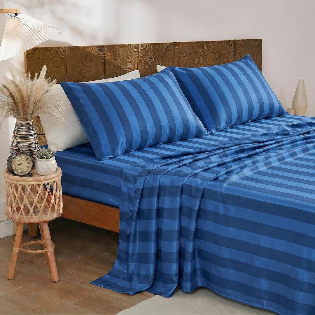Merryword 100% Cotton Sheet Set Queen Size - Blue and Navy Stripes Bedding, Soft Breathable Percale Weave, Wide Stripe Deep Pocket Sheet 17.5", Luxury Linen Like, 4-Piece All Season Bedding