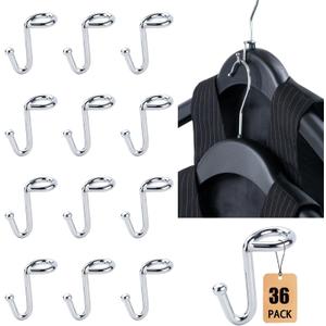 Clothes Hanger Connector Hooks, 36PCS, Clothes Hanger Organizer Mini Space Saving Extender Cascading Connection Hooks for Wooden Metal Plastic Hangers (Silver)