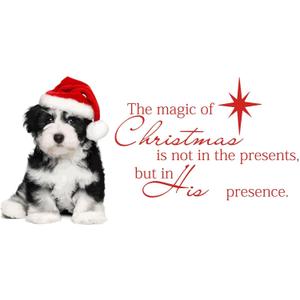 Family The Magic of Christmas Beautiful Quote Wall Decal Decoration Cute Puppy Dog in mini Santa Hat Christmas Costume Holiday Gift Easily Removable - Size: 20 in(W) x 16 in(H)