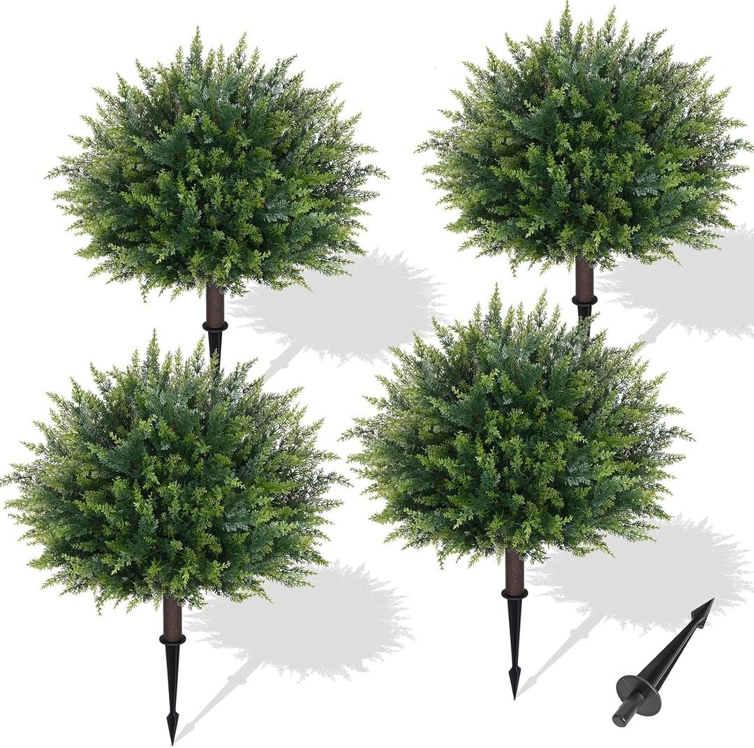 Waipfaru Artificial Plants Outdoor, 23'' Artificial Cedar Topiary with Ground Spike, UV-Resistant Fake Plants Fake Bushes for Outdoor Indoor Garden Front Porch Decor (4Pcs)