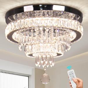 Finktonglan 15.7" Dimmable Crystal Ceiling Light with Remote, 2-Ring LED Flush Mount Chandelier, Adjustable Brightness & 3000K-6500K, Built-in LED for Bedroom Hallway Entryway Dining Room