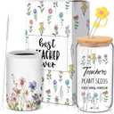 Nuogo Teacher Appreciation Gifts, 16oz Glass Coffee Cup with Straw Stopper and Cup Sleeve, Teacher End of Year Thank You Gifts Box for Appreciation Week Graduation(Flower)