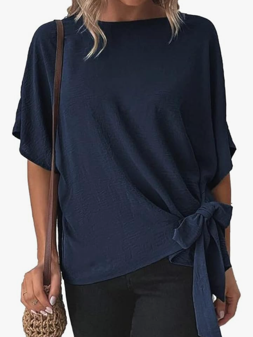 CORIRESHA Women's Batwing Sleeve Knot Side Tie Round Neck Loose Blouse Shirt Top, L