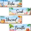 4 Pcs Ocean Beach Bathroom Decor Wall Art, Bathroom Pictures Wall Decor, Wooden Costal Positive Bathrooms Hanging Signs, Relax Soak Unwind Breathe Glitter Toilet Decoration for Spa Laundry 4x12 Inch