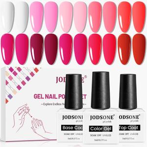 JODSONE 12 PCS Gel Nail Polish Set with Base Coat and Top Coat Limited Red Pink High Gloss Fashion Gifts for Women & Girls