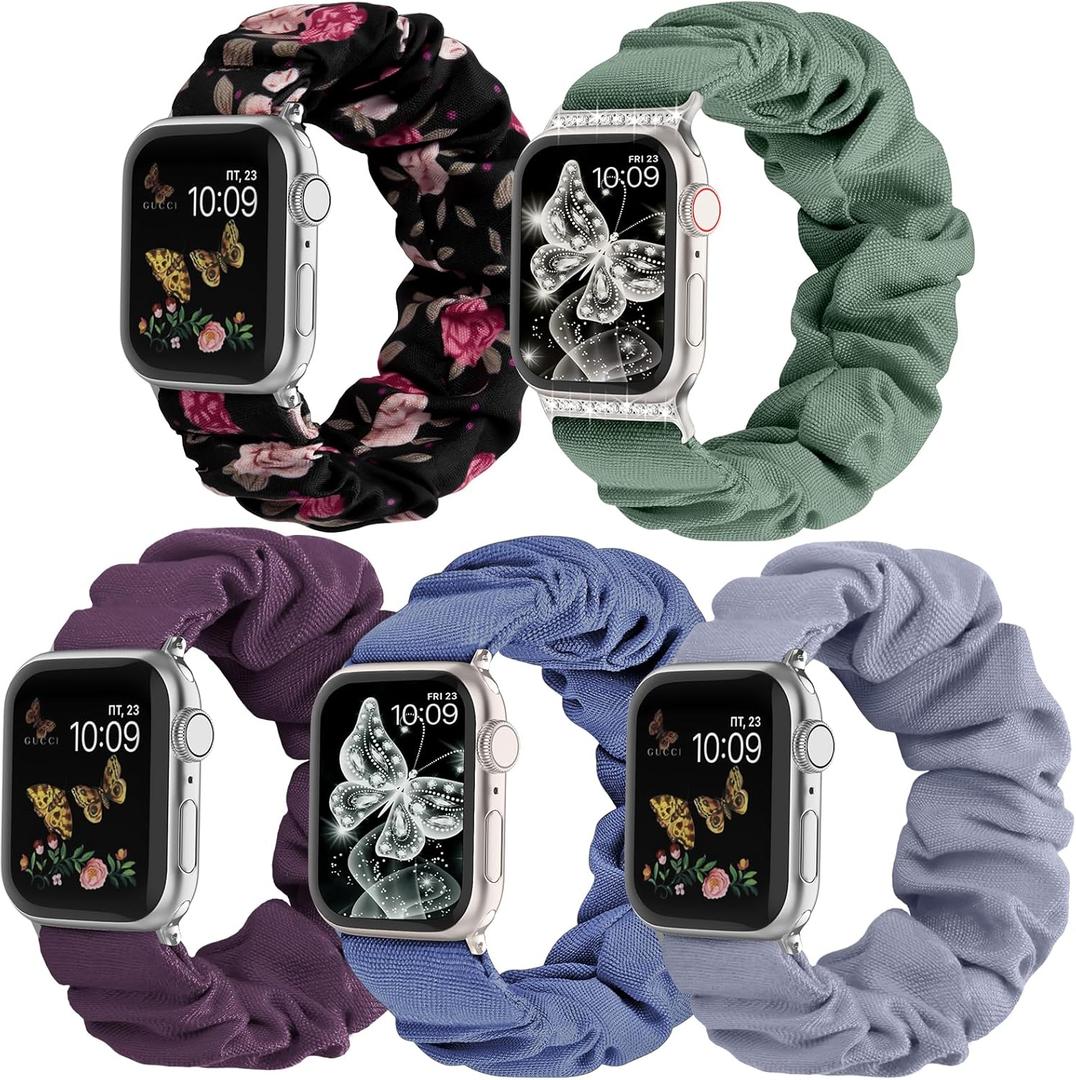Recoppa Compatible for Apple Watch Band Scrunchie 38mm 40mm 41mm 42mm 44mm 45mm 46mm Cute Printed Elastic Solo Loop Bands Women Bracelet Strap for iWatch Series 10 9 8 7 6 5 4 3 2 1 SE, 4 Packs