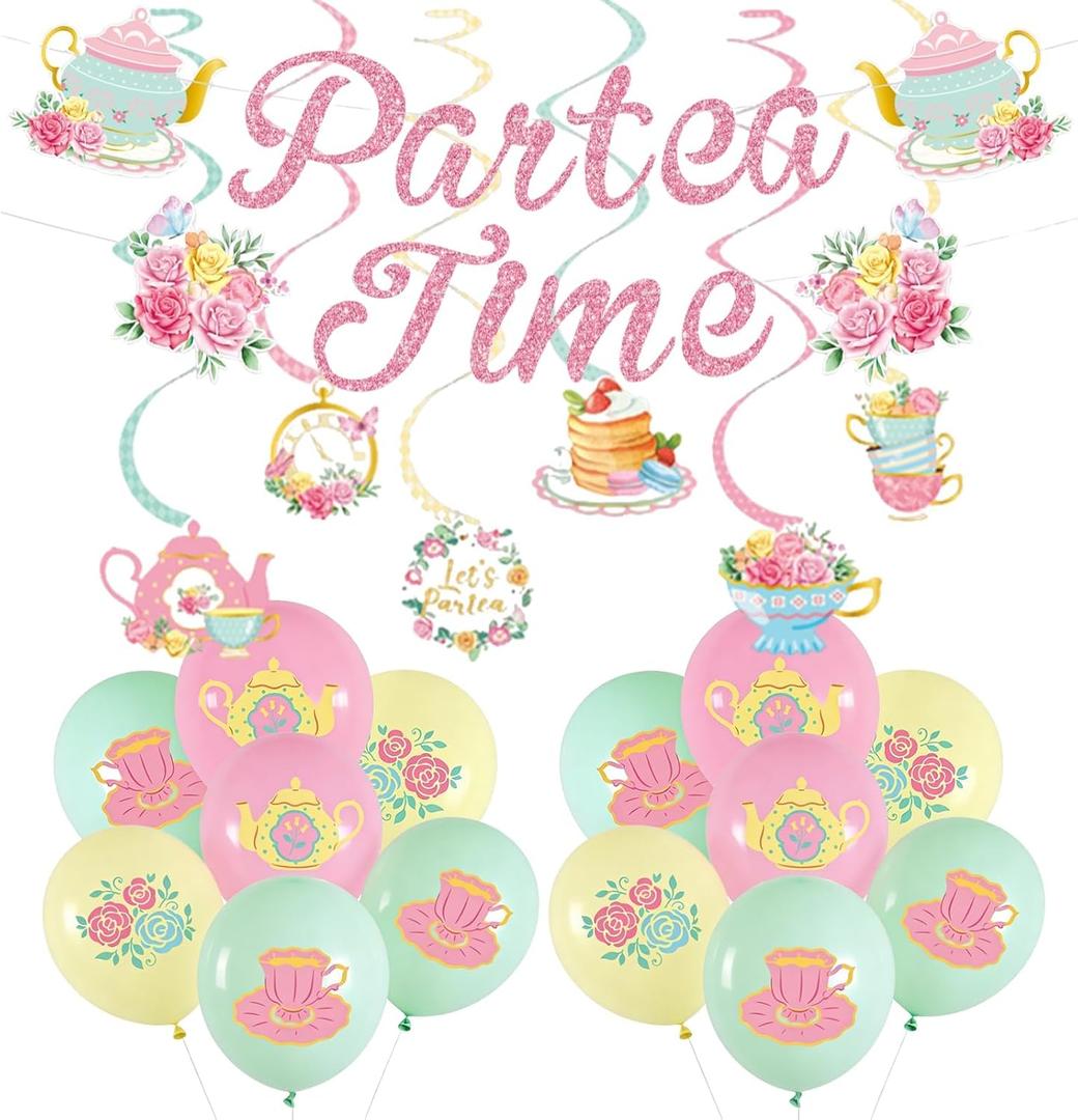 Tea Party Balloons, Tea for Two Party Decorations with Floral Banner Pastel Balloons & Hanging Swirls, Spring Tea Party Lets Partea Decor for Mother's Day Baby Shower Birthday