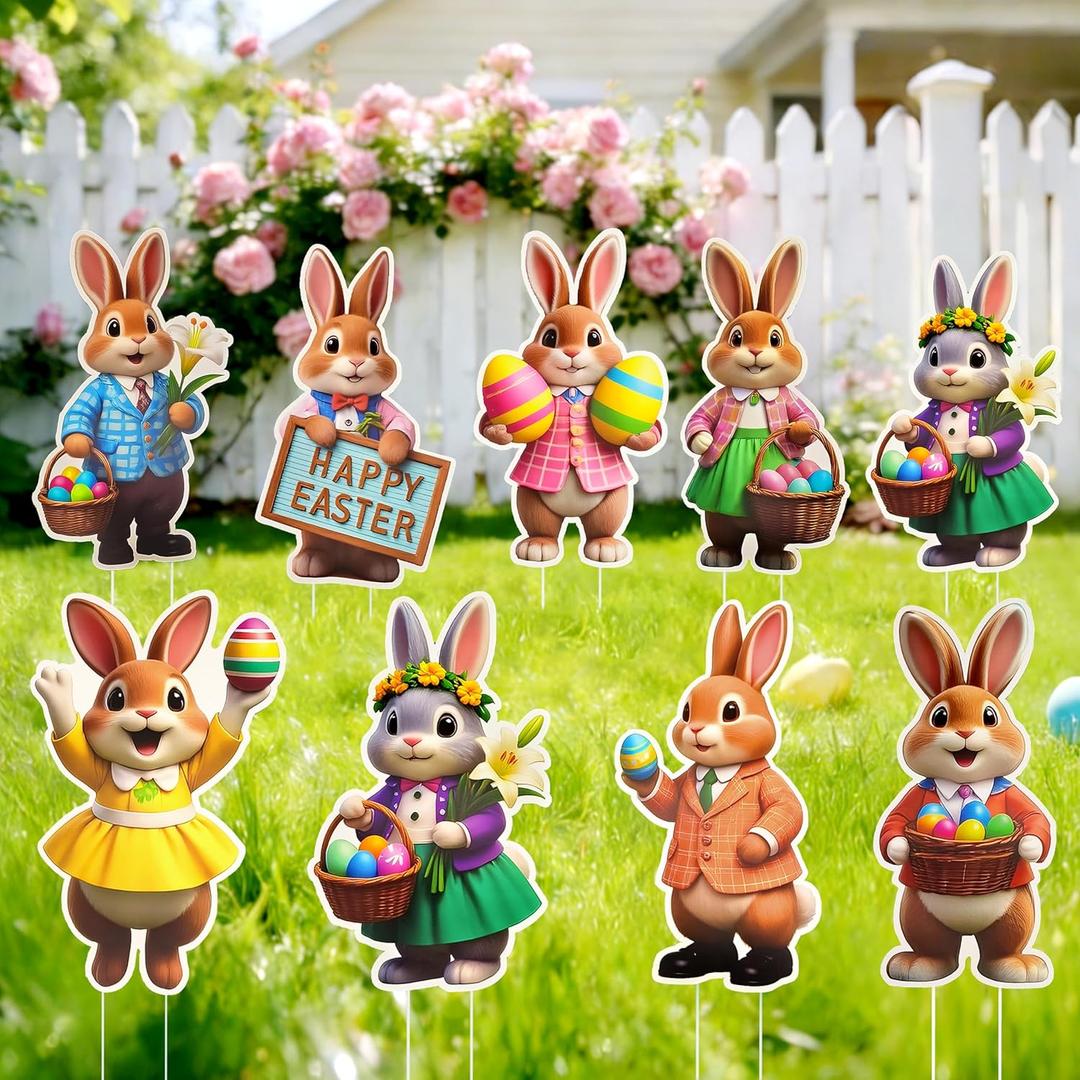 Easter Decorations Outdoor, 9pcs Realistic Bunny Decorations with Colorful Easter Elements, Outdoor Indoor Spring & Easter Party Decor