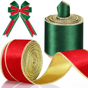 Riceshoot 2 Rolls Valentines Day Velvet Wired Ribbon 1.5, 2.5 Inch Wide Velvet Ribbon with Edge for Wedding Tree Decoration Gift Wrap Bow DIY Decoration, Total 20 Yards(Green, Red Gold)