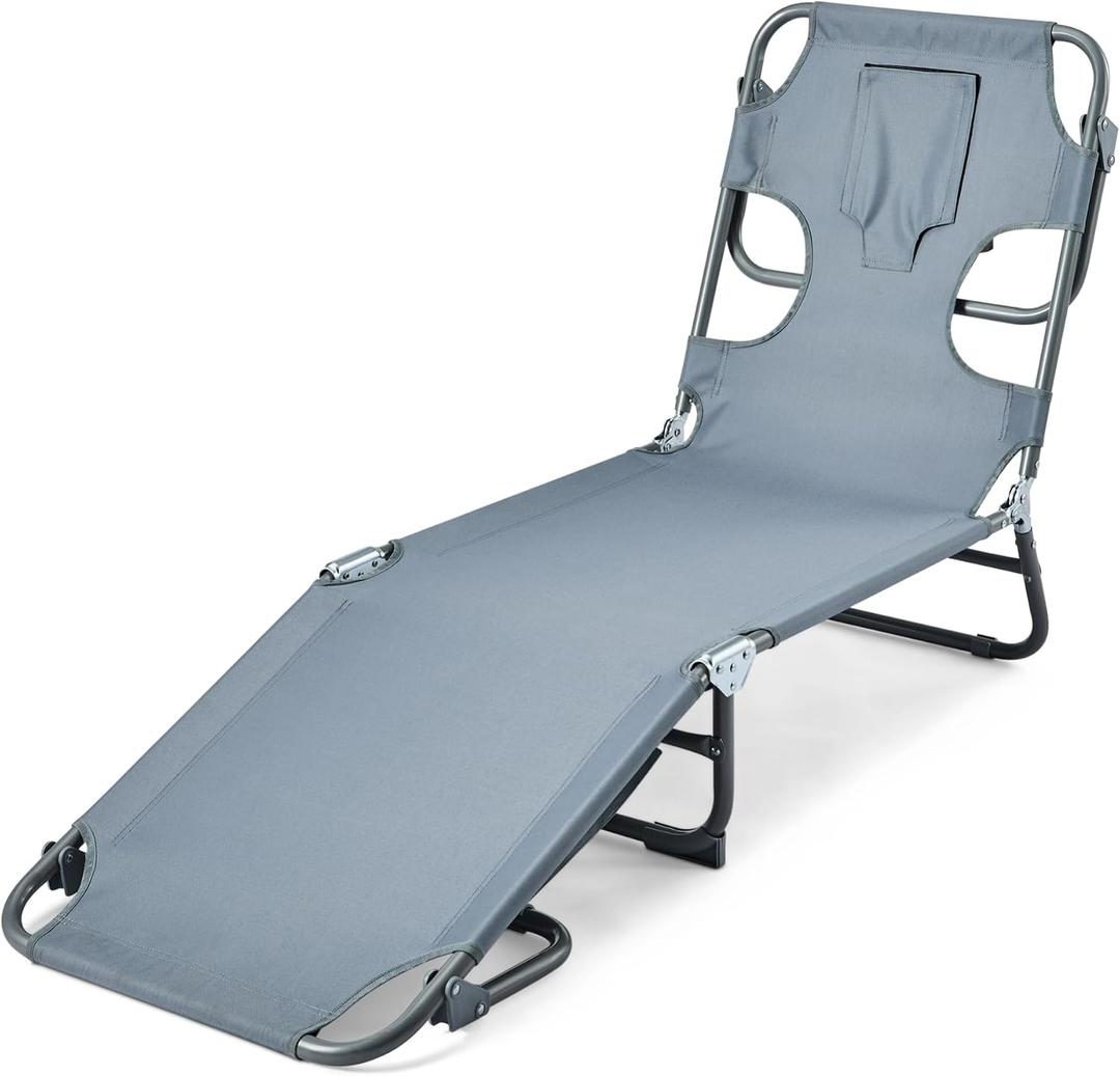 Amazon Basics Outdoor Lounge Chair, Foldable Design with Multi-Angle Backrest, Quick-Drying Polyester, Portable with Carry Strap, Grey
