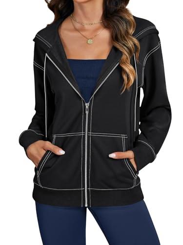 LYANER Women's Zip Up Hoodie Lightweight Long Sleeve Jackets With Zipper Fall Fashion Hooded Sweatshirt Black X-Small