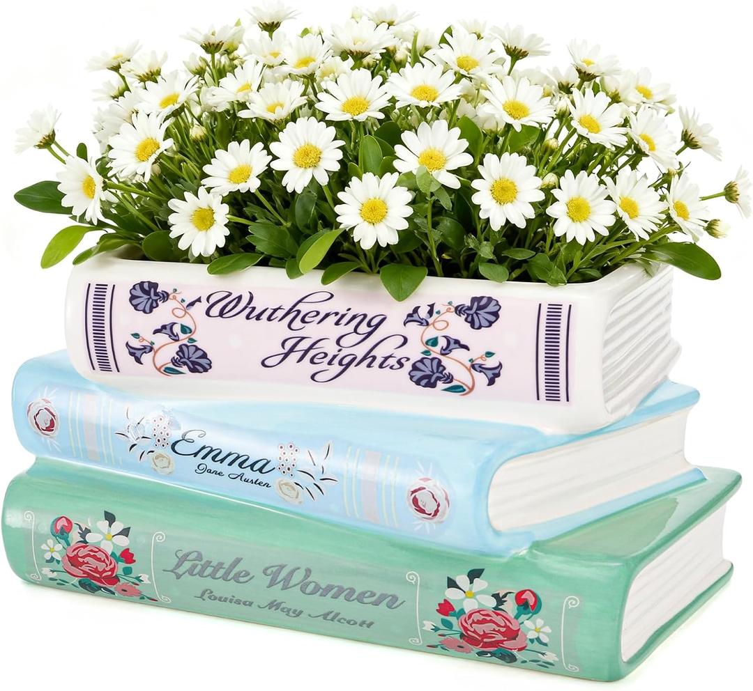 Book Planter Pot, Ceramic Book Shaped Decorative Planter with Drainage Hole, Small Literary Planter Unique Flower Vase Bookshelf Accent for Home Decor Gifts