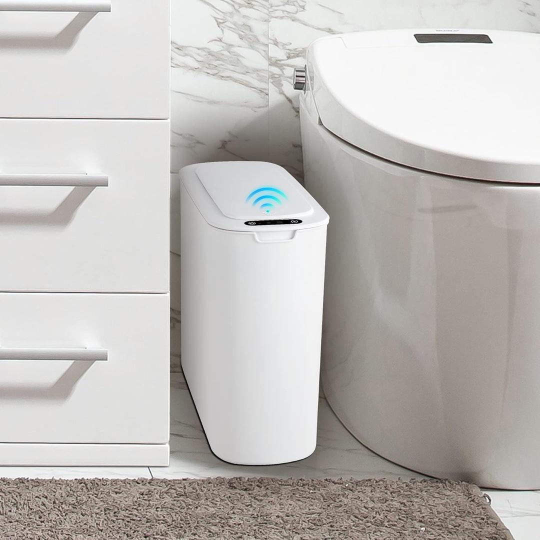 Cesun Automatic Motion Sensor Bathroom Trash Can with Lid, 2.6 Gallon Touchless Trash Bin, Smart Plastic Slim Garbage Can Small White Wastebasket for Toilet, Office, rv, Bedroom, Living Room, White