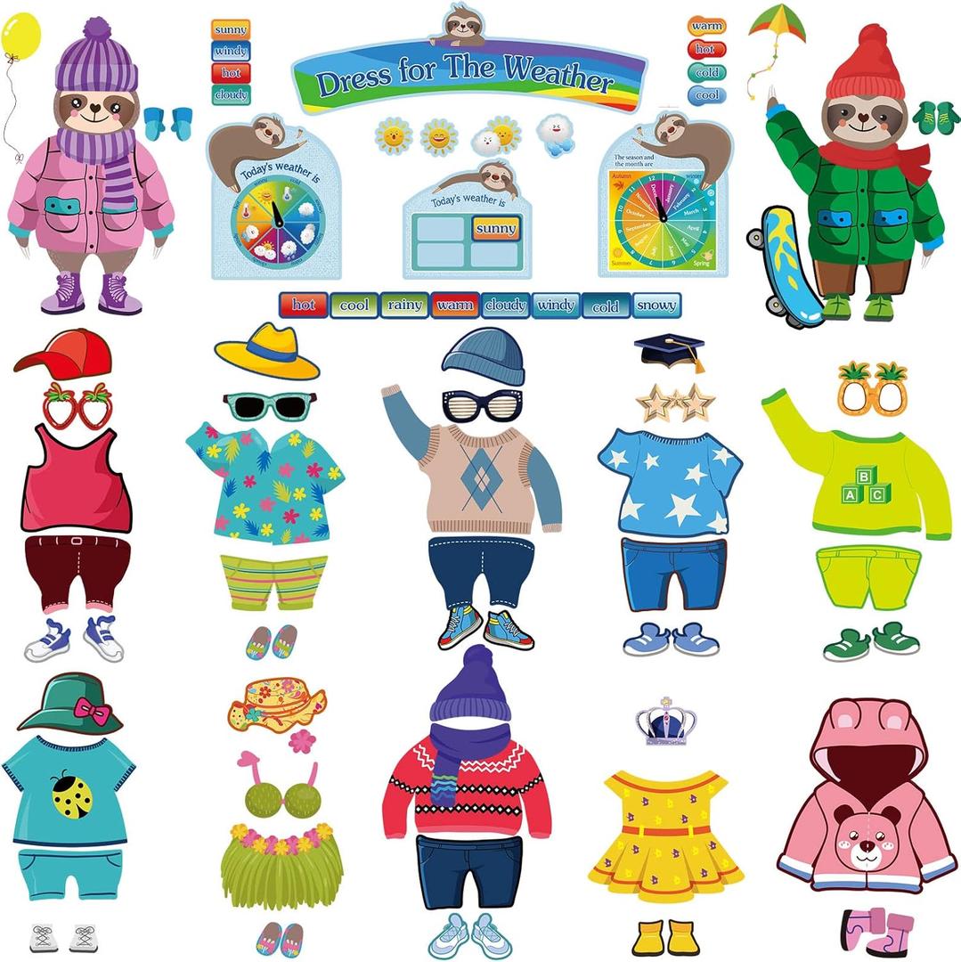 Spakon 103 Pieces Weather Chart Bulletin Board Set for Classroom Dress Weather Chart for Preschool Decoration Seasonal Bulletin Board Cutout Set for 100th Day of School Wall Decor (Cute Style)