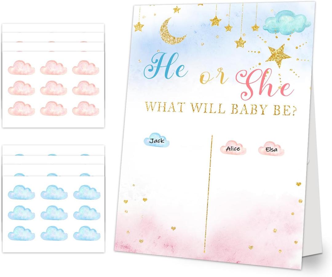Gender Reveal Signature Sign Board with Stand, Pink & Blue Clouds Guess He Or She Game, 72 Clouds Pink Blue Boy Girl Voting Stickers, Cast Your Vote Game for Guests, For Baby Shower Party (001)