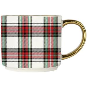Sweet Water Decor White Plaid Coffee Mug, 14oz China Christmas Mug with Gold Handle, Large Holiday Winter Cup for Coffee, Tea & Hot Chocolate, Stocking Stuffer Gifts for Women