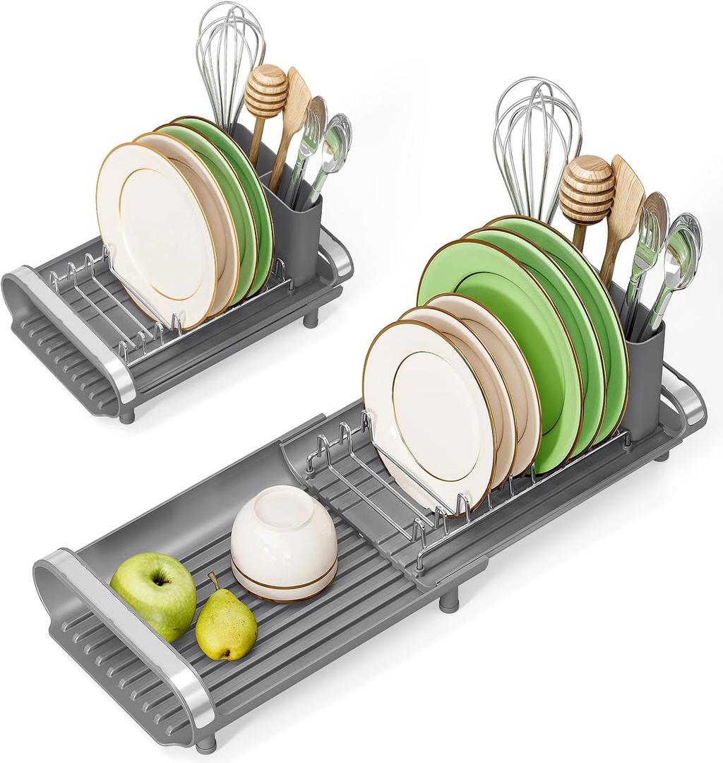 TOOLF Small Dish Drying Rack, Mini Expandable Compact Dish Rack, Slim Extendable Stainless Steel Dish Drainer for Kitchen Plate Storage, Space Saving Dish Strainer in Sink or on Home Countertop, Gray