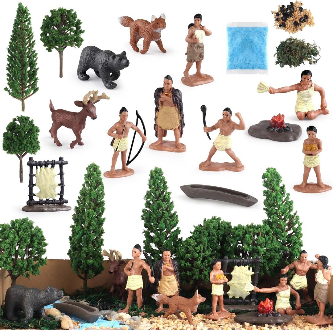 Powhatan Indians, Powhatan Native American Figurines Set, Figurine Includes Powhatan Indian Figurines, Chief, Campfire, Trees, for Kids Historical Education School Project Decoration Birthday Gift