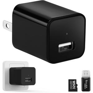 No Audio Charger Camera - Video-Only 1080P Small Camera with Motion Detection - Covert Nanny Cam for Home Indoor Security - 32GB Micro SD Card Included