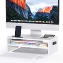 BONTEC Wooden Monitor Stand Riser, 2-Tier Desk Shelf with Storage Organizer, Ergonomic Computer Stand with Cable Management, Cellphone Holder, White, 16.5 Inch