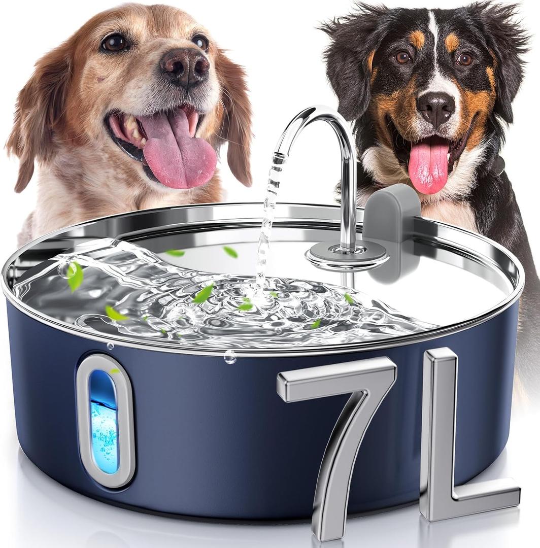 Dog Water Fountain for Large Dogs 7L/236oz Stainless Steel Dog Water Bowl Dispenser Automatic Pet Water Fountain, Multi-Filtration Pet Fountain with Ultra-Quiet Pump (Navy)