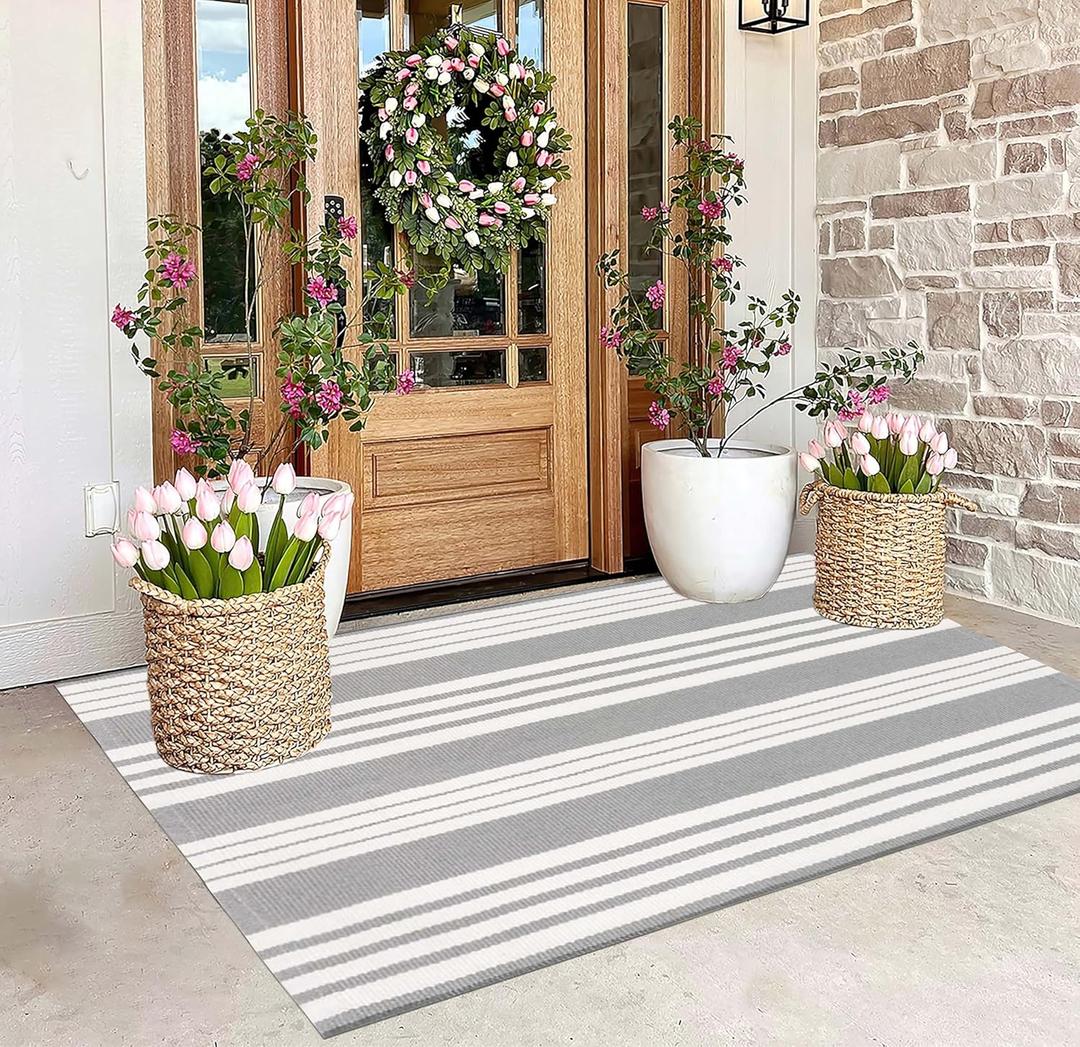 BUAGETUP Grey and White Outdoor Rug 3'x 5' Hand-Woven Cotton Washable Rug Striped Front Porch Rug Area Rug Floor Mat for Farmhouse/Layered Door Mats/Living Room