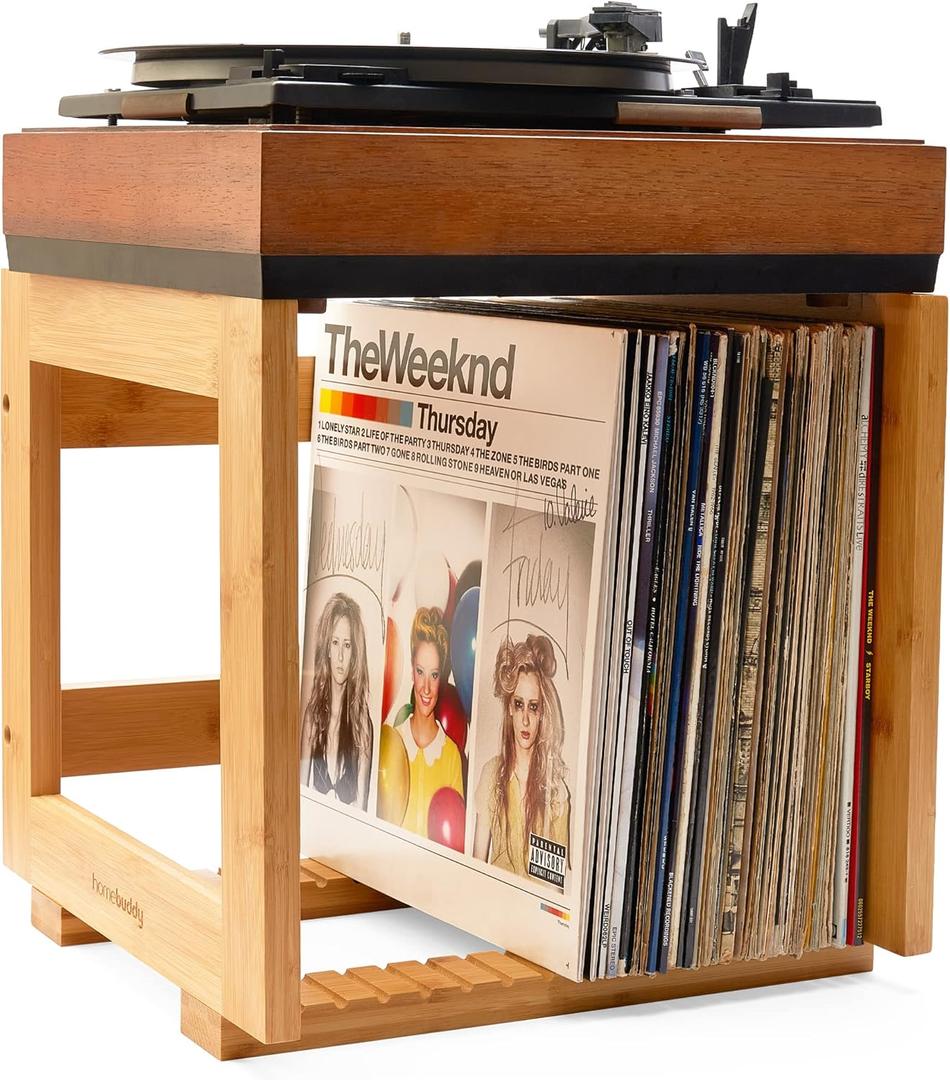 HomeBuddy Vinyl Record Storage - 1x Record Player Holder for Albums - Wooden Record Crates for Vinyl, Holds up to 75 LPs - Storage Box and Music Player Stand with Rack Shelf for Albums and Accessories